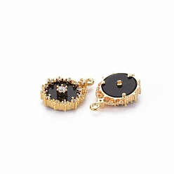 Real 18K Gold Plated Brass Micro Pave Clear Cubic Zirconia Pendants, with Black Acrylic, Nickel Free, Flat Round, Real 18K Gold Plated, 17x12.5x4mm, Hole: 1mm