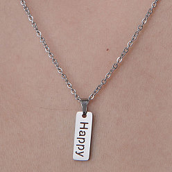 Couleur Acier Inoxydable 201 collier pendentif mot heureux en acier inoxydable, couleur inox, 17.72 pouce (45 cm)