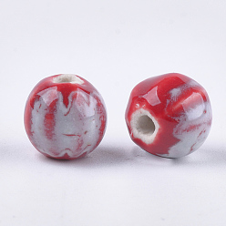 Red Handmade Porcelain Beads, Fancy Antique Glazed Porcelain, Round, Red, 11~12x10~11x10~10.5mm, Hole: 2~2.5mm