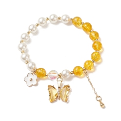 Cristal de Quartz Bracelet extensible en perles de cristal de quartz naturel rond (teint et chauffé) et perle de coquillage, bracelet à breloques papillon en verre et fleur en laiton pour femme, diamètre intérieur: 2 pouce (5.1 cm)