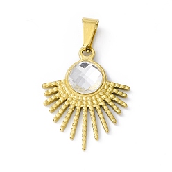 Golden Vacuum Plating 304 Stainless Steel Crystal Rhinestone Sun Pendant, with 201 Stainless Steel Snap on Bails, Golden, 26x20.5x4mm, Hole: 6.5x3mm