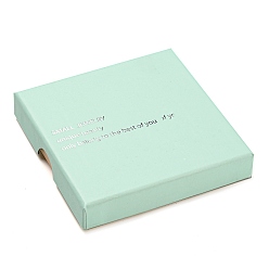 Aquamarine Square Cardboard Paper Jewelry Box, Word Printed Jewelry Case with Sponge Inside, for Necklace Packaging, Aquamarine, 90x90x16mm, Inner Diameter: 85x85mm