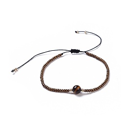 Tiger Eye Nylon Thread Braided Beads Bracelets, with Seed Beads and Natural Tiger Eye, 1-3/4 inch~3-1/8 inch(4.5~8cm)