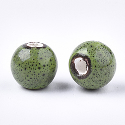 Vert Jaune Perles en porcelaine manuelles, fantaisie porcelaine émaillée antique, ronde, vert jaune, 10.5~11x9.5mm, Trou: 2.5mm