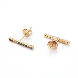 Real 18K Gold Plated Brass Micro Pave Cubic Zirconia Stud Crawler Earrings, Climber Earrings, with Brass Ear Nuts, Bar, Colorful, Real 18K Gold Plated, 16x1.5x2mm, Pin: 0.7mm