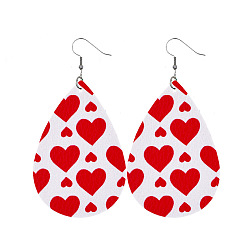 Heart Red Imitation Leather Teardrop Dangle Earrings for Valentine's Day, Heart Pattern, 80x40mm