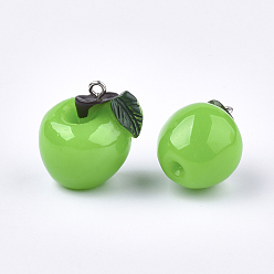Lime Green Resin Pendants, with Platinum Tone Iron Findings, Imitation Food, Apple, Lime Green, 23~27x21~22x19~20mm, Hole: 2mm