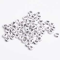 Blanc Perles de lettre de trou horizontal acrylique, plat rond, taille: environ 7mm de diamètre, épaisseur de 3mm, Trou: 1.5mm, environ4060 pcs / 500 g.