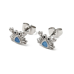 Dodger Blue Enamel Crab Stud Earrings with 316 Surgical Stainless Steel Pins, Stainless Steel Color Plated 304 Stainless Steel Jewelry for Women, Dodger Blue, 7x9mm, Pin: 0.8mm