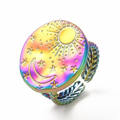 Rainbow Color Chapado en iones (ip) 304 acero inoxidable sol y luna planeta anillo abierto para mujer, color del arco iris, diámetro interior: 17 mm