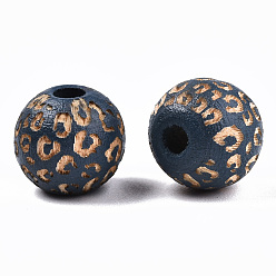 Marine Blue Painted Natural Wood Beads, Laser Engraved Pattern, Round with Leopard Print, Marine Blue, 10x8.5mm, Hole: 2.5mm