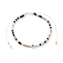 Noir Nylon réglable bracelets cordon tressé de perles, avec le mal de perles au chalumeau des yeux, perles de rocaille en verre fgb et perles de verre dépoli, noir, diamètre intérieur: 2-1/8~4-1/8 pouce (5.3~10.3 cm)