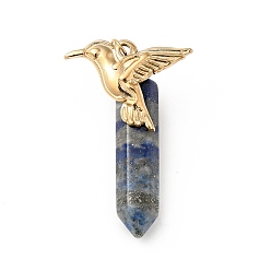 Lapis Lazuli Oiseau lapis lazuli naturel pendentifs pointus, avec placage ionique (ip) platine et ton doré 304 accessoires en acier inoxydable, breloque balle à facettes, 40.5mm, oiseau: 19.5x25.5x2.5 mm, balle: 33.5x8.5x8mm, Trou: 3.4mm