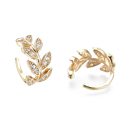 Golden Brass Micro Pave Clear Cubic Zirconia Cuff Earrings, Leafy Branches, Golden, 15x8.5mm, Inner Diameter: 12mm