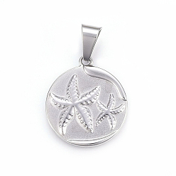 Stainless Steel Color 304 Stainless Steel Pendants, Flat Round with Starfish/Sea Stars, Stainless Steel Color, 28x25x3mm, Hole: 10x6mm