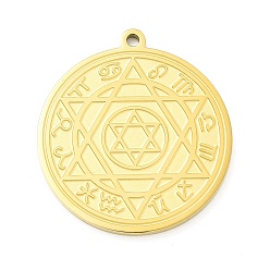 Golden 304 Stainless Steel Pendants, Flat Round with Constellation & Star of David Pattern Charm, Golden, 33x30x2mm, Hole: 1.8mm