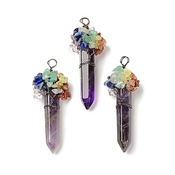Amethyst 7 Chakra Pointed Natural Amethyst Big Pendants, Chip Gems Tree Faceted Bullet Charms with Red Copper Plated Rack Plating Copper Wire Wrapped, Cadmium Free & Lead Free, 62~66.5x22~26x17.5~18mm, Hole: 4.2~6.5mm