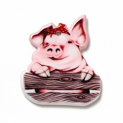Pig Cartoon Printed Acrylic Pendants, Pig, 32x28x2.5mm, Hole: 1.8mm