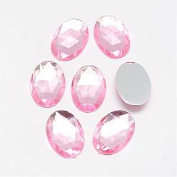 Pink Acrylic Rhinestone Flat Back Cabochons, Faceted, Bottom Silver Plated, Oval, Pink, 18x13x4.5mm