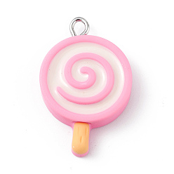 Pink Opaque Resin Imitation Food Pendants, with Platinum Tone Iron Loops, Lollipop, Pink, 28.5x18x5.5mm, Hole: 2mm