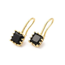 Negro Aretes colgantes cuadrados con circonitas cúbicas, joyas de latón chapado en oro real 18k para mujer, negro, 18~19x7.5 mm