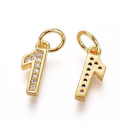 Number Brass Micro Pave Clear Cubic Zirconia Charms, with Jump Ring, Number, Golden, Num.1, 11x4.5x2mm, Hole: 3mm