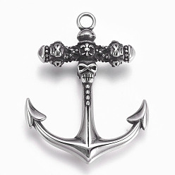 Antique Silver 304 Stainless Steel Pendants, Anchor, Antique Silver, 48x37x9mm, Hole: 4mm