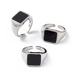 Black Agate Natural Black Agate Square Open Cuff Ring, Platinum Brass Jewelry for Women, Cadmium Free & Lead Free, Inner Diameter: 16mm