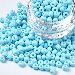 Sky Blue 6/0 Glass Seed Beads, Baking Paint, Round Hole, Round, Sky Blue, 4~5x3~5mm, Hole: 1.2~1.5mm, about 4500pcs/Pound