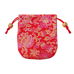 Crimson Chinese Style Flower Pattern Satin Jewelry Packing Pouches, Drawstring Gift Bags, Rectangle, Crimson, 10.5x10.5cm