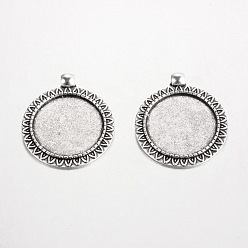 Antique Silver Flat Round Tibetan Style Alloy Pendant Cabochon Settings, Cadmium Free & Lead Free, Antique Silver, Tray: 25mm, 38x33x2mm, Hole: 4mm, about 172pcs/1000g