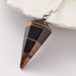 Tiger Eye Platinum Tone Brass Tiger Eye Cone Hexagonal Pointed Dowsing Pendulums, with Lobster Claw Clasps, 230x3mm