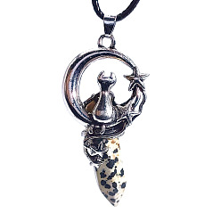 Dalmatian Jasper Natural Dalmatian Jasper Pointed Faceted Bullet Pendants, Moon with Cat Charms, with Platinum Plated Alloy Findings, 50x22.5x17mm