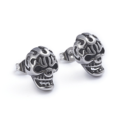 Antique Silver Retro 304 Stainless Steel Stud Earrings, with Ear Nuts, Skull, Antique Silver, 13x9.5mm, Pin: 0.6mm