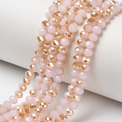 Pink Electroplate Glass Beads Strands, Imitation Jade Beads, Half Plated, Rainbow Plated, Faceted, Rondelle, Pink, 3x2mm, Hole: 0.8mm, about 165~169pcs/strand, 15~16 inch(38~40cm)