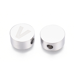 Letter V 304 Stainless Steel Beads, Flat Round with Letter, Letter.V, 10x4.5mm, Hole: 2mm