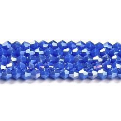 Medium Blue Opaque Solid Color Electroplate Glass Beads Strands, AB Color Plated, Faceted, Bicone, Medium Blue, 4x4mm, Hole: 0.8mm, about 87~98pcs/strand, 12.76~14.61 inch(32.4~37.1cm)