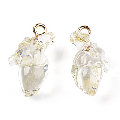 Light Yellow Transparent Resin Pendants, Anatomical Heart Charms, with Golden Plated Iron Loops, Light Yellow, 20.5~21.5x11.5x11mm, Hole: 2mm