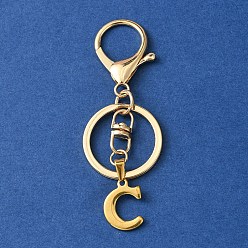 Letter C 304 Stainless Steel Initial Letter Charm Keychains, with Alloy Clasp, Golden, Letter C, 8.5cm
