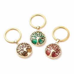Mixed Stone Synthetic & Natural Stone Keychain, with 304 Stainless Steel Keychain Clasp, Flat Round with Tree of Life, 6.5cm