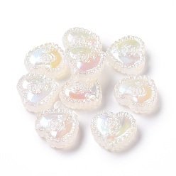Floral White UV Plating Rainbow Iridescent Acrylic Beads, Heart with Rose Flower, Floral White, 25x27.5x9.2mm, Hole: 3.6mm