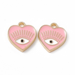 Pink Alloy Enamel Pendants, Golden, Heart with Eye Charm, Pink, 14.5x13x1.5mm, Hole: 1.6mm