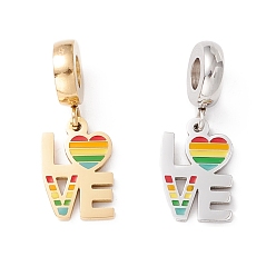 Golden & Stainless Steel Color 304 Stainless Steel European Dangle Charms, Large Hole Pendants, with Enamel, Word Love, Golden & Stainless Steel Color, 24mm, Hole: 4mm
