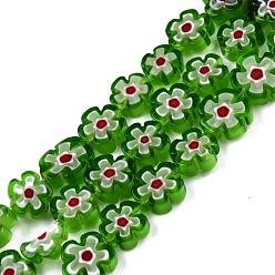 Verdemar Medio Hilos de perlas de vidrio millefiori artesanal, seno de ciruela, verde mar medio, 9.5~12x9.5~12.5x4~4.5 mm, agujero: 1.5 mm, sobre 39 unidades / cadena, 15.94 pulgada ~ 16.14 pulgada (40.5~41 cm)