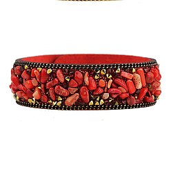 Red Flannelette Snap Bracelets, with Alloy Button and Natural Gemstone, Red, 65mm(2-1/2 inch)