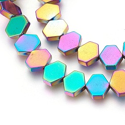 Multi-color Plated Electroplated Non-magnetic Synthetic Hematite Beads Strands, Polish, Hexagon, Multi-color Plated, 10x9x3mm, Hole: 1mm, about 45pcs/strand, 15.74 inch(40cm)