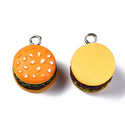 Оранжевый Непрозрачные подвески смолы, с платиновым тоном железная петля, имитация еды, гамбургер, оранжевые, 20~21x16x13 мм, отверстие : 2 мм