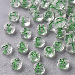 Vert Mer Perles acryliques transparentes transparentes, trou horizontal, plat rond avec lettre aléatoire, vert de mer, 7x4mm, Trou: 1.6mm, environ3700 pcs / 500 g