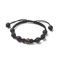 Agate Noire Bracelet de perles tressées rondes en agate noire naturelle (teinte), bracelet réglable ohm/aum pour femme, diamètre intérieur: 2-1/8 pouce (5.5 cm)