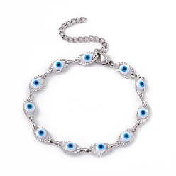 Blanc 304 bracelet en chaîne à maillons en œil de cheval en acier inoxydable avec perle de mauvais œil en résine pour femme, blanc, 6-7/8 pouce (17.5 cm)